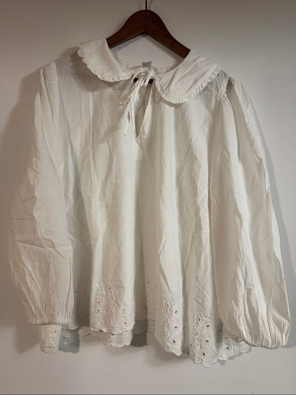 Women’s White Eyelet Peasant Blouse with Peter Pan Collar